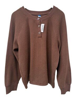 OLD NAVY Waffle Knit Henley Brown XL Long Sleeve Cotton Blend Womens Top NWT